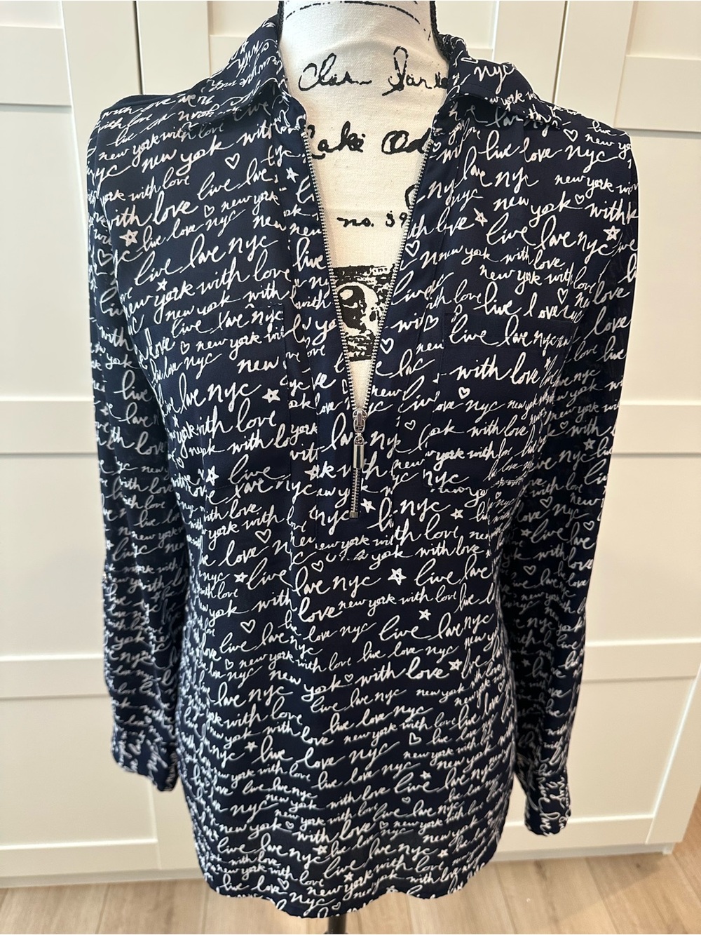 New York & Company Navy Script Zip-Front Long Sleeve Top